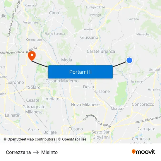 Correzzana to Misinto map