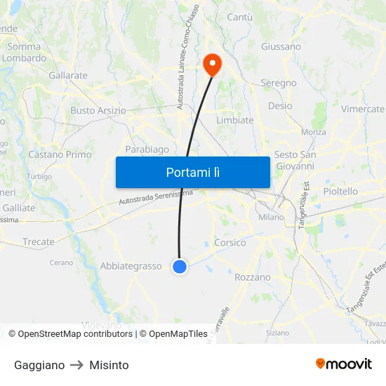 Gaggiano to Misinto map