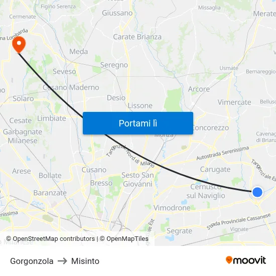 Gorgonzola to Misinto map