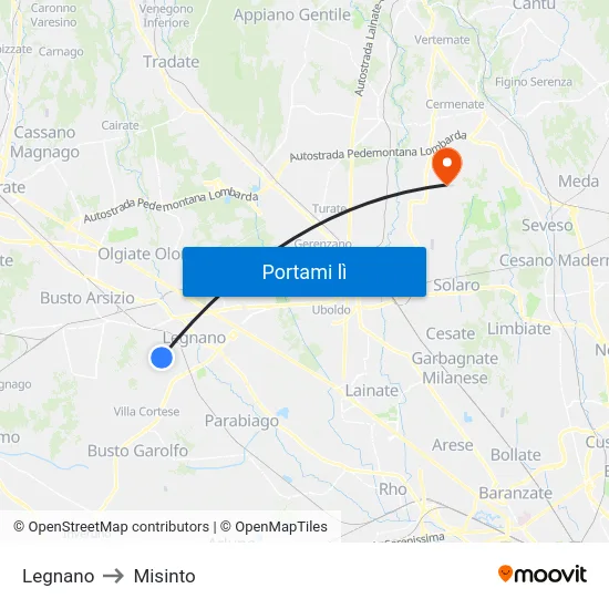 Legnano to Misinto map