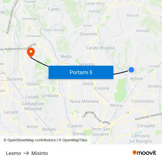Lesmo to Misinto map
