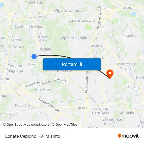Lonate Ceppino to Misinto map