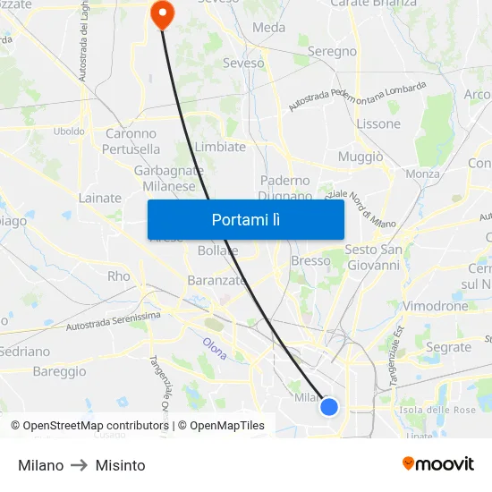 Milano to Misinto map