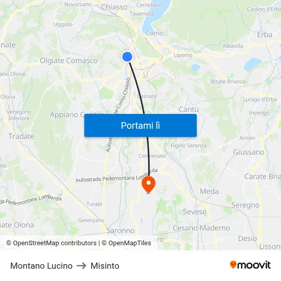 Montano Lucino to Misinto map