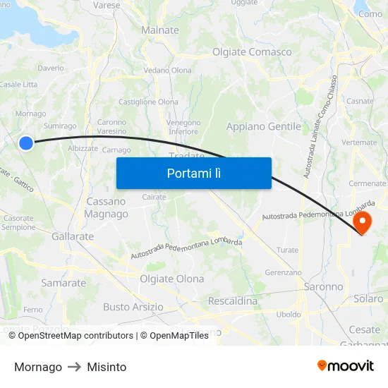 Mornago to Misinto map