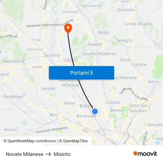 Novate Milanese to Misinto map