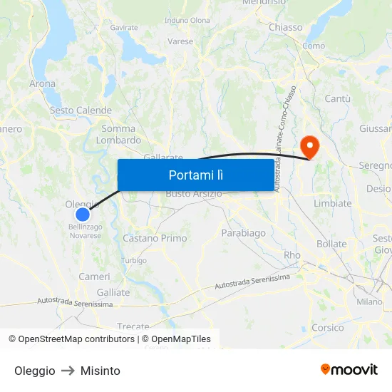 Oleggio to Misinto map