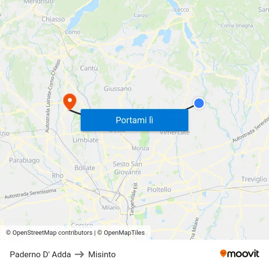 Paderno D' Adda to Misinto map