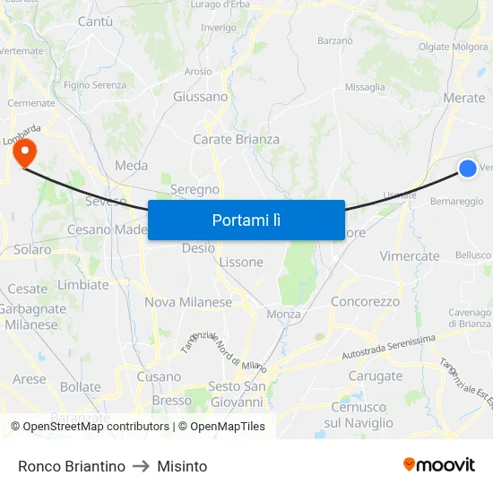 Ronco Briantino to Misinto map