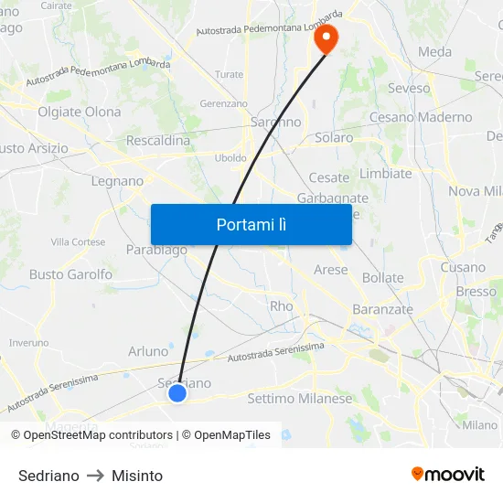 Sedriano to Misinto map