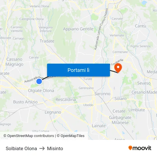 Solbiate Olona to Misinto map