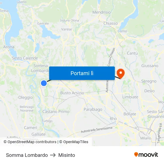Somma Lombardo to Misinto map