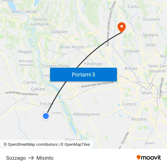 Sozzago to Misinto map