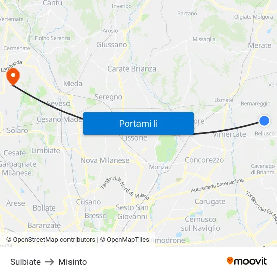 Sulbiate to Misinto map
