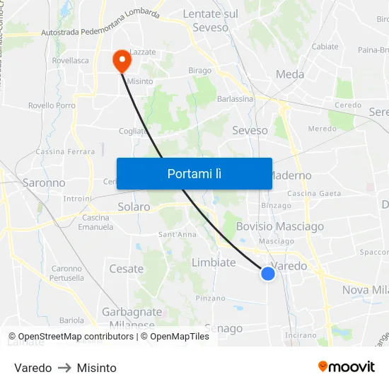 Varedo to Misinto map