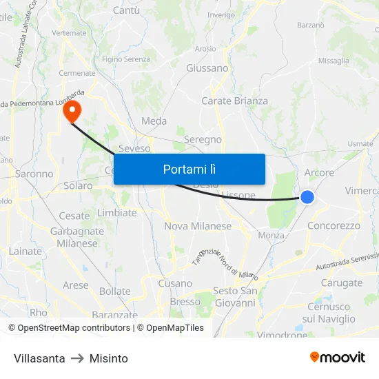 Villasanta to Misinto map