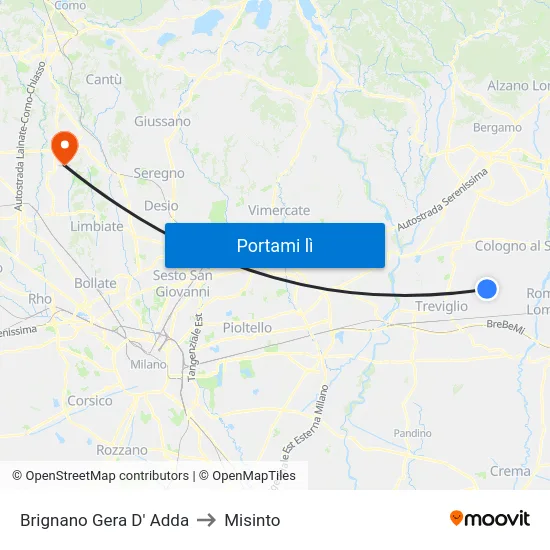 Brignano Gera D' Adda to Misinto map