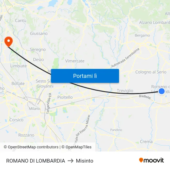 ROMANO DI LOMBARDIA to Misinto map