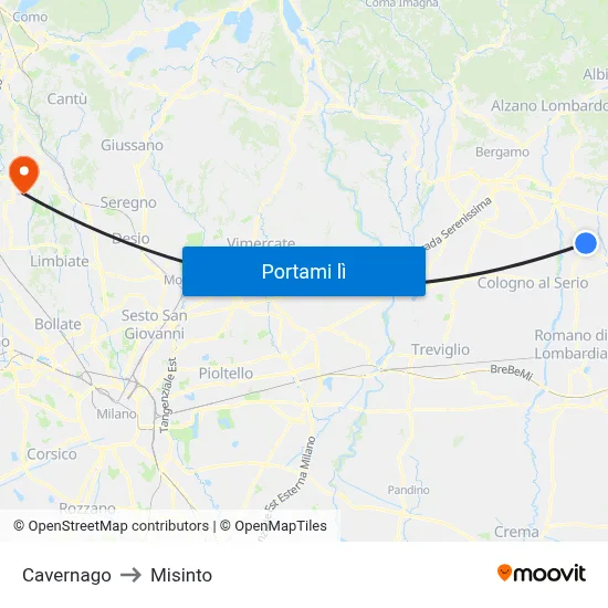 Cavernago to Misinto map