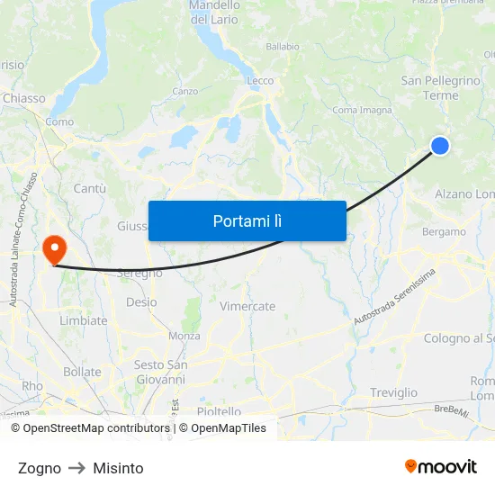 Zogno to Misinto map