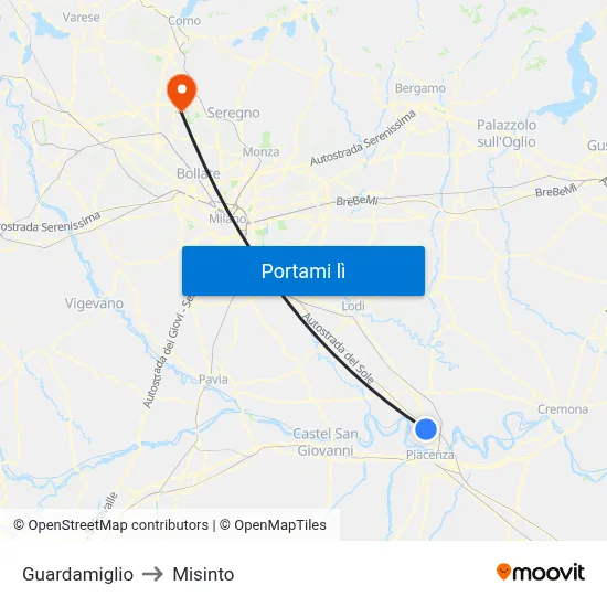 Guardamiglio to Misinto map