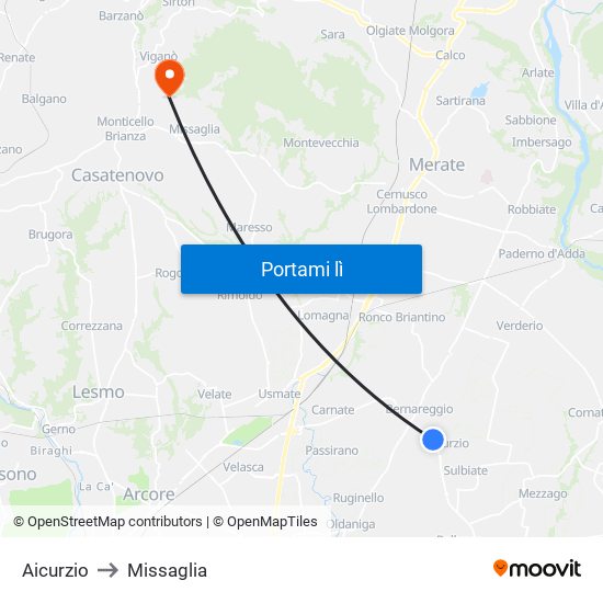 Aicurzio to Missaglia map