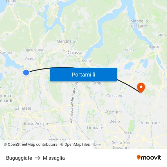Buguggiate to Missaglia map