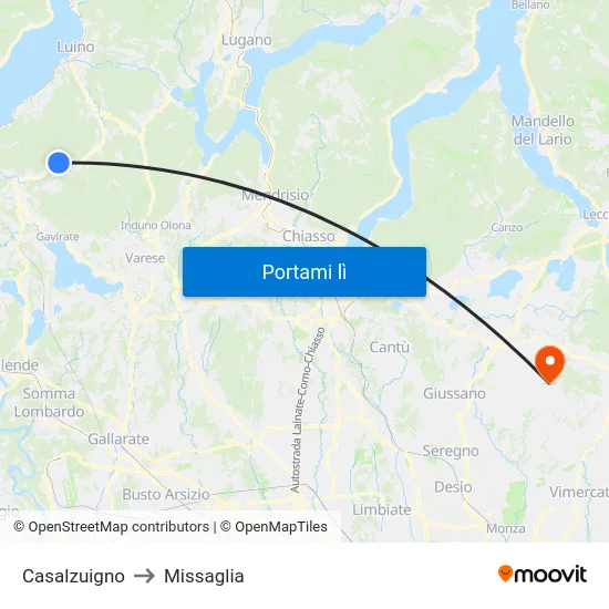 Casalzuigno to Missaglia map