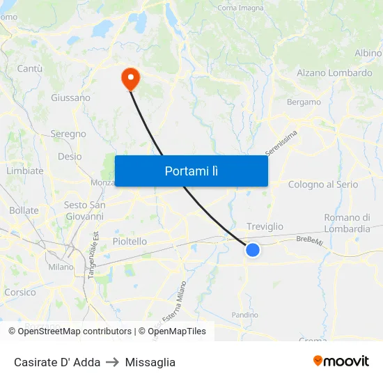 Casirate D' Adda to Missaglia map