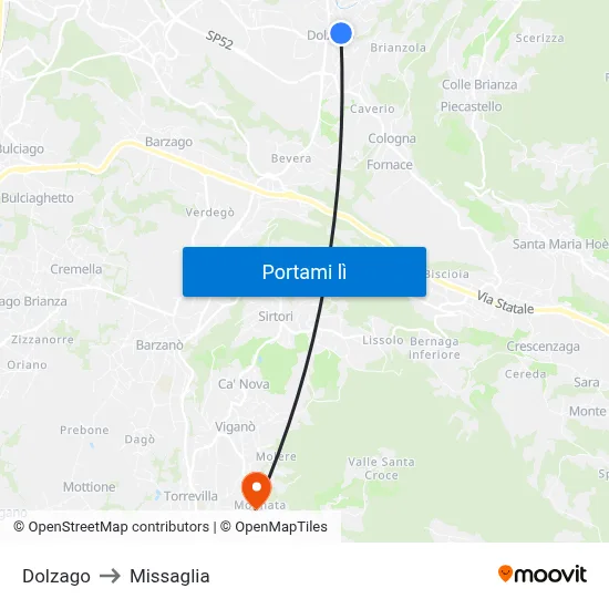Dolzago to Missaglia map