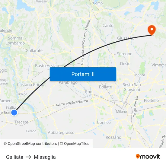 Galliate to Missaglia map