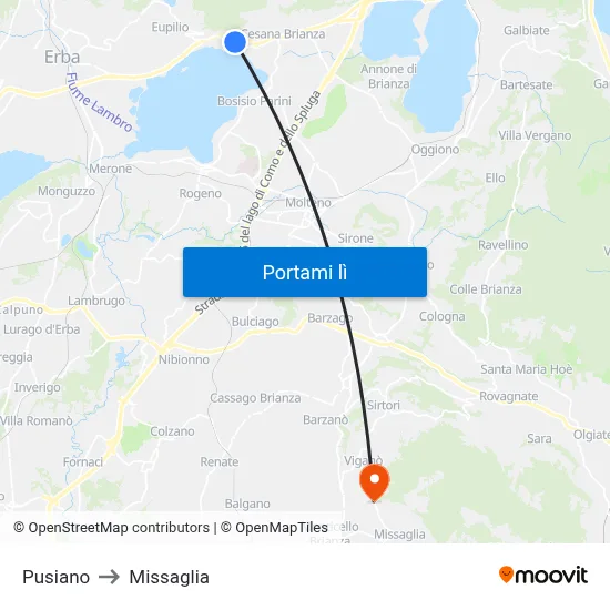Pusiano to Missaglia map