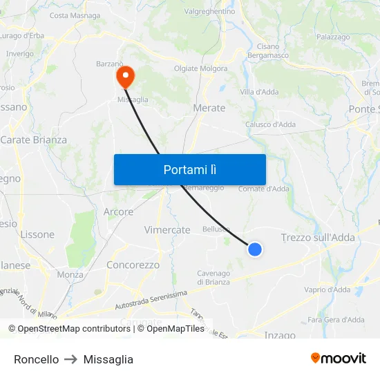 Roncello to Missaglia map