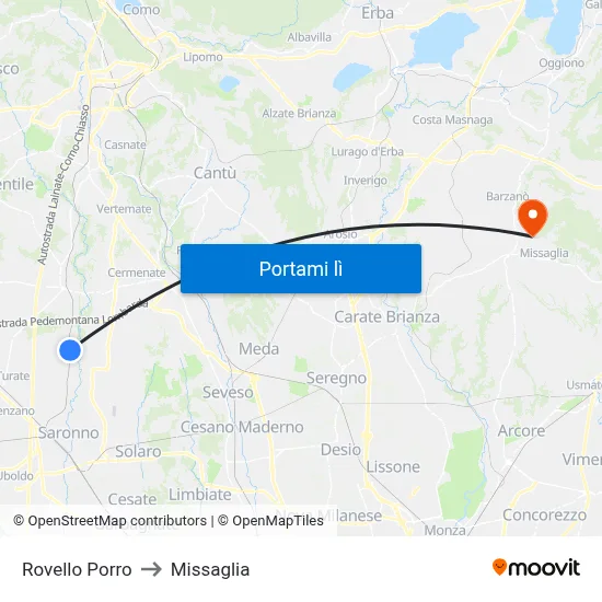 Rovello Porro to Missaglia map
