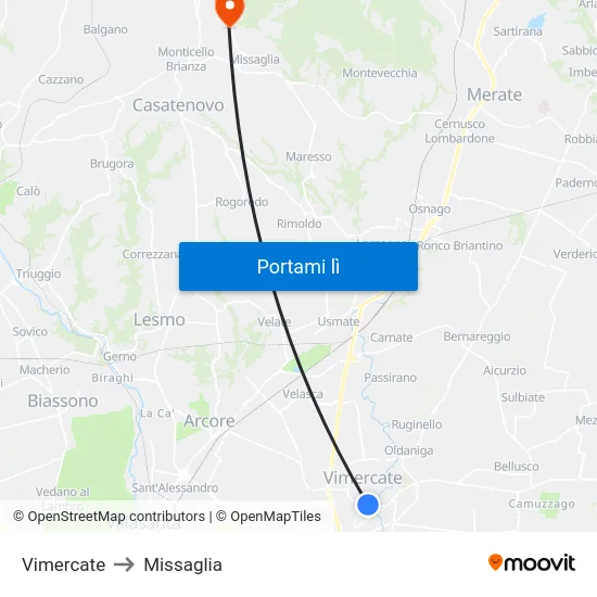 Vimercate to Missaglia map