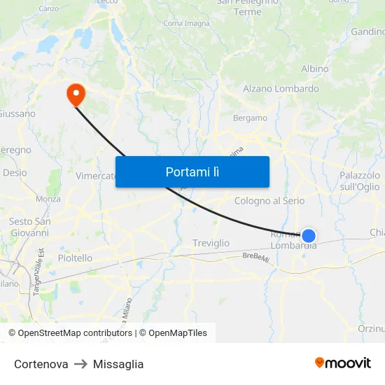Cortenova to Missaglia map