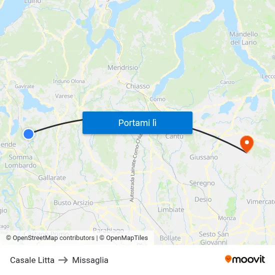 Casale Litta to Missaglia map