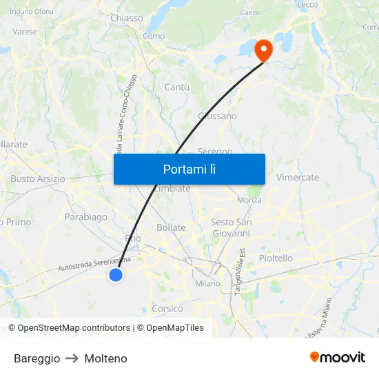 Bareggio to Molteno map