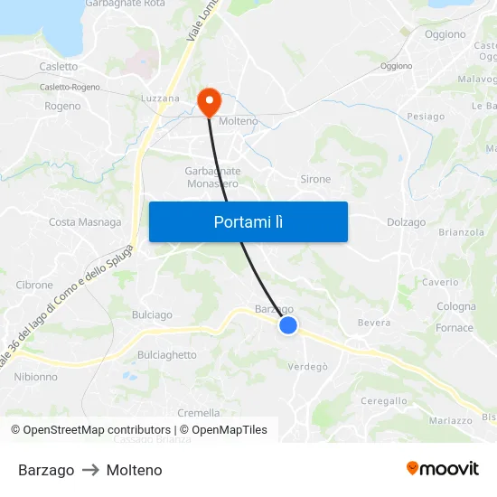 Barzago to Molteno map