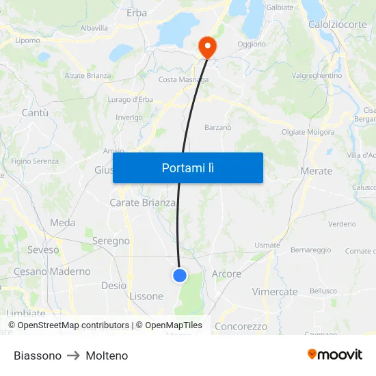 Biassono to Molteno map