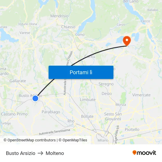 Busto Arsizio to Molteno map