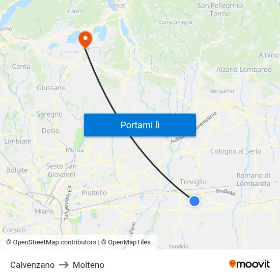 Calvenzano to Molteno map