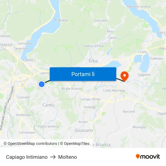 Capiago Intimiano to Molteno map