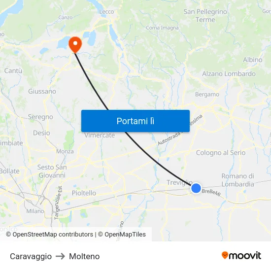 Caravaggio to Molteno map