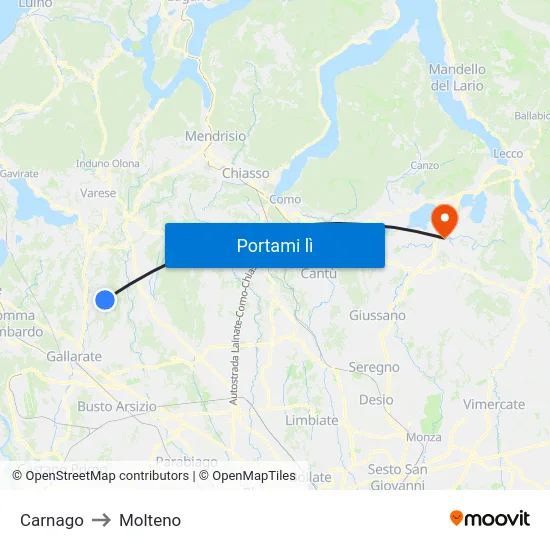 Carnago to Molteno map