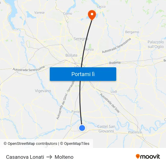 Casanova Lonati to Molteno map
