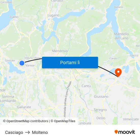 Casciago to Molteno map