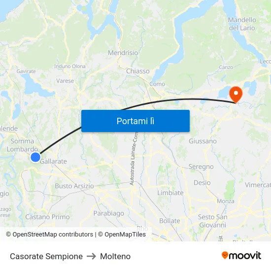 Casorate Sempione to Molteno map