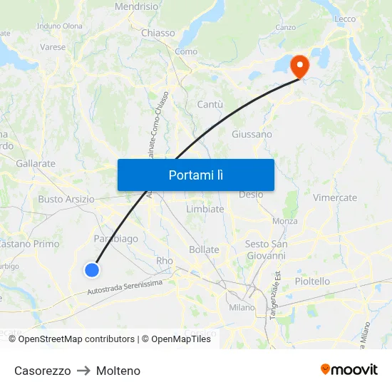 Casorezzo to Molteno map