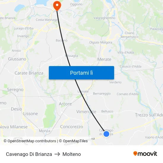 Cavenago Di Brianza to Molteno map